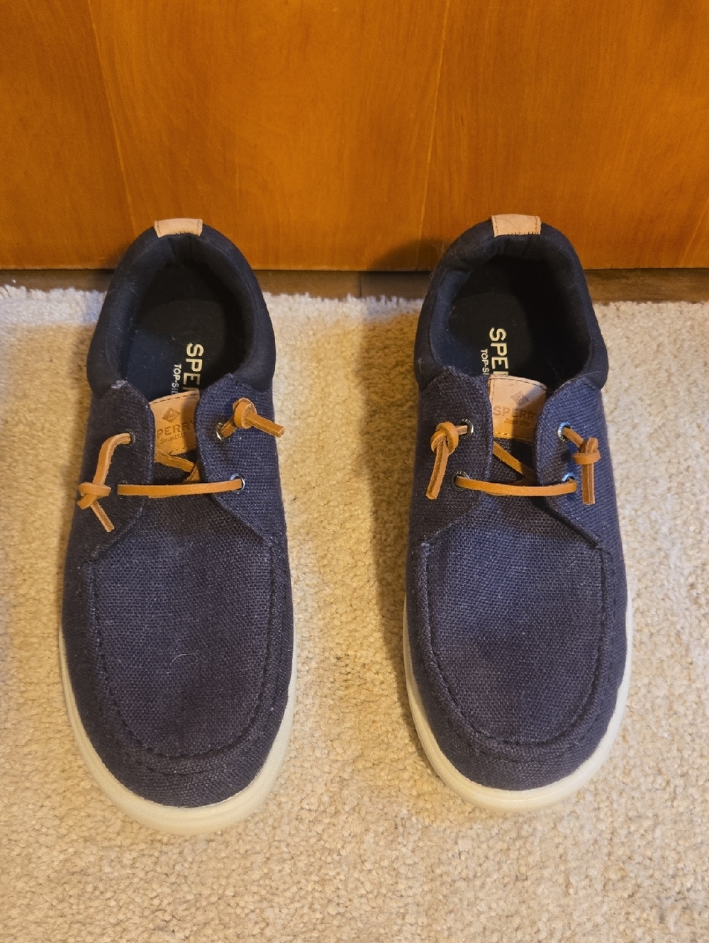 Sperry Navy Canvas Boat Shoes with Tan Leather Laces